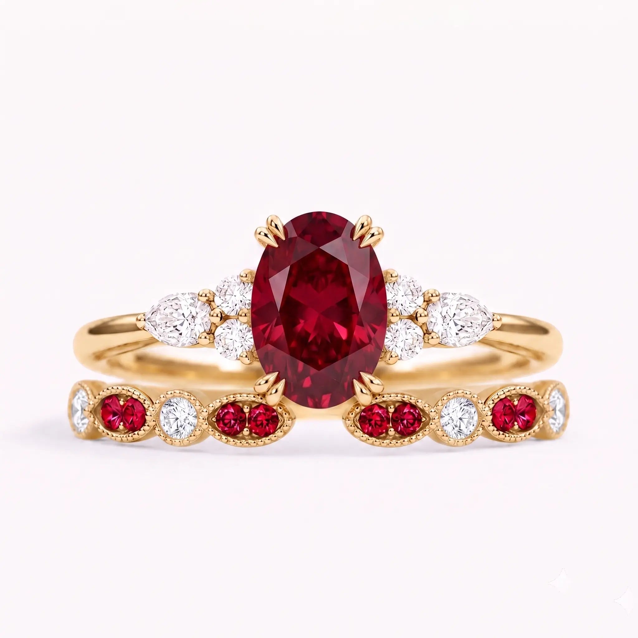 Oval cut ruby cluster bridal ring set with milgrain wedding band in yellow gold