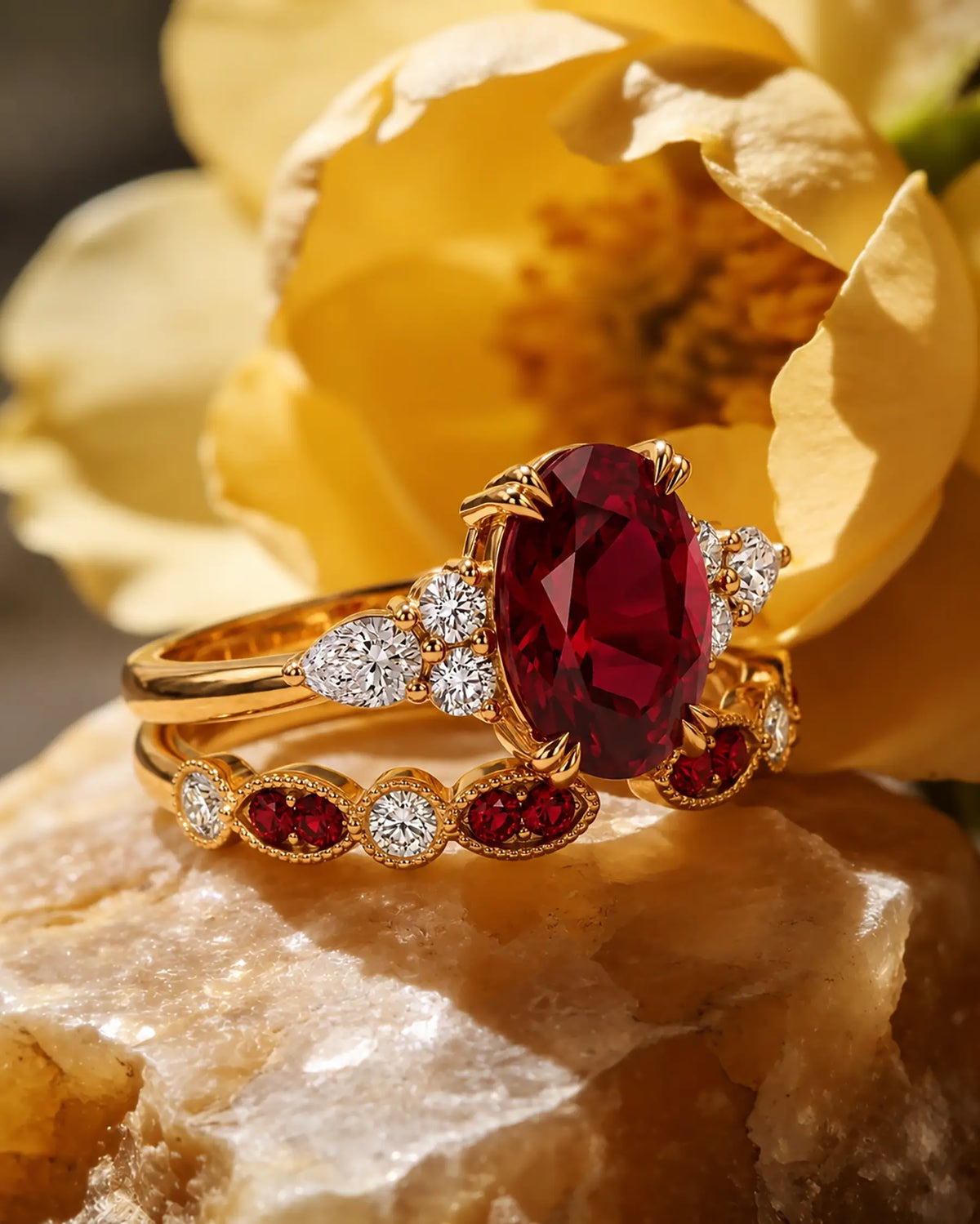 Ruby bridal ring set styled in an elegant jewelry scene