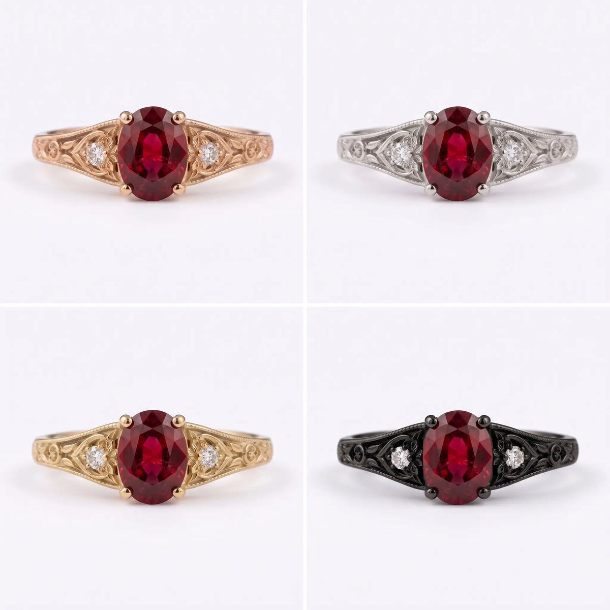 Oval ruby vintage ring shown in multiple gold color options