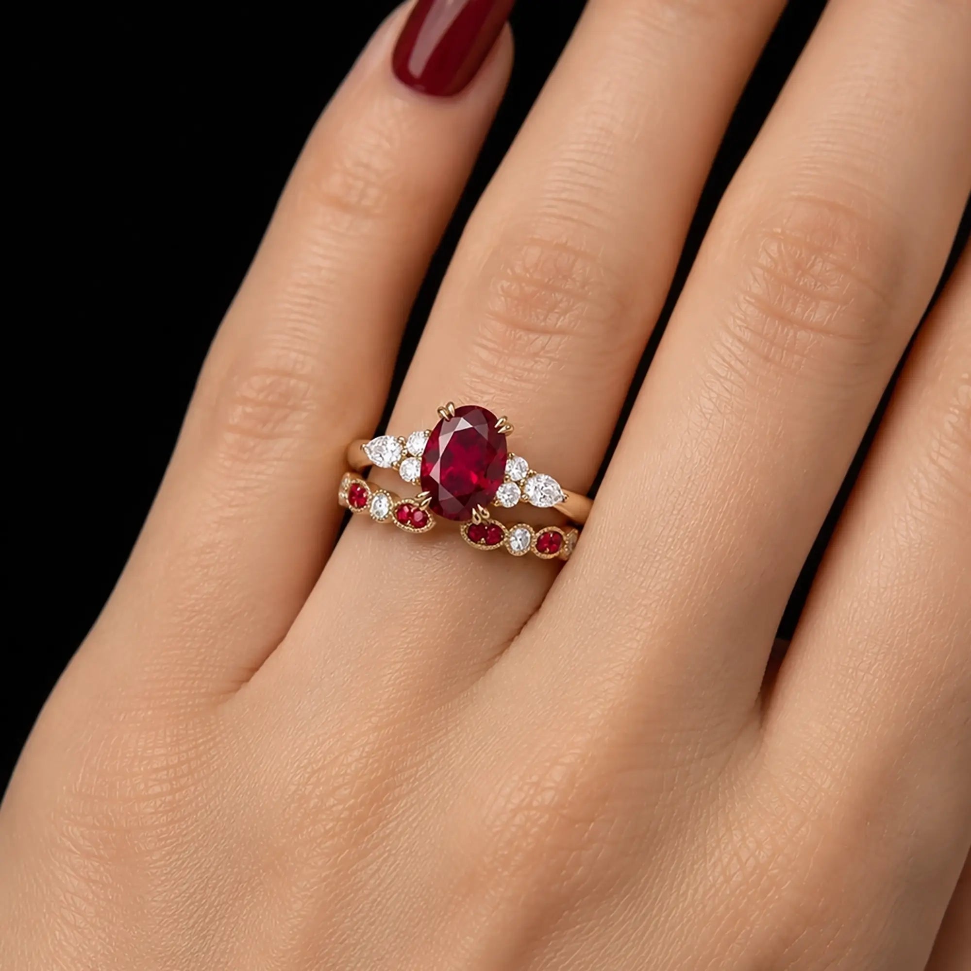 Oval ruby cluster bridal ring set worn on hand with matching wedding band