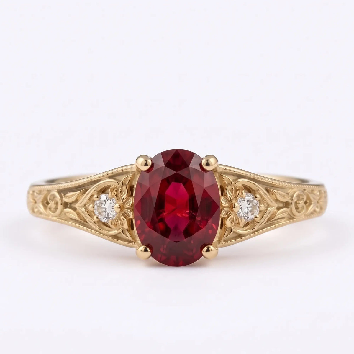 Vintage oval lab ruby three stone engagement ring in yellow gold