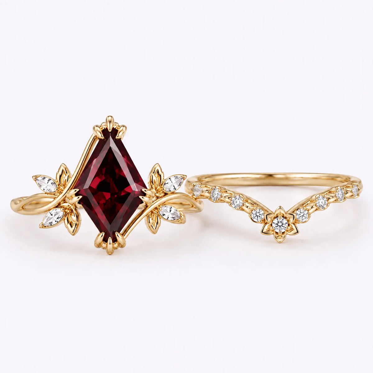 Curved matching wedding band with moissanite details for garnet bridal set
