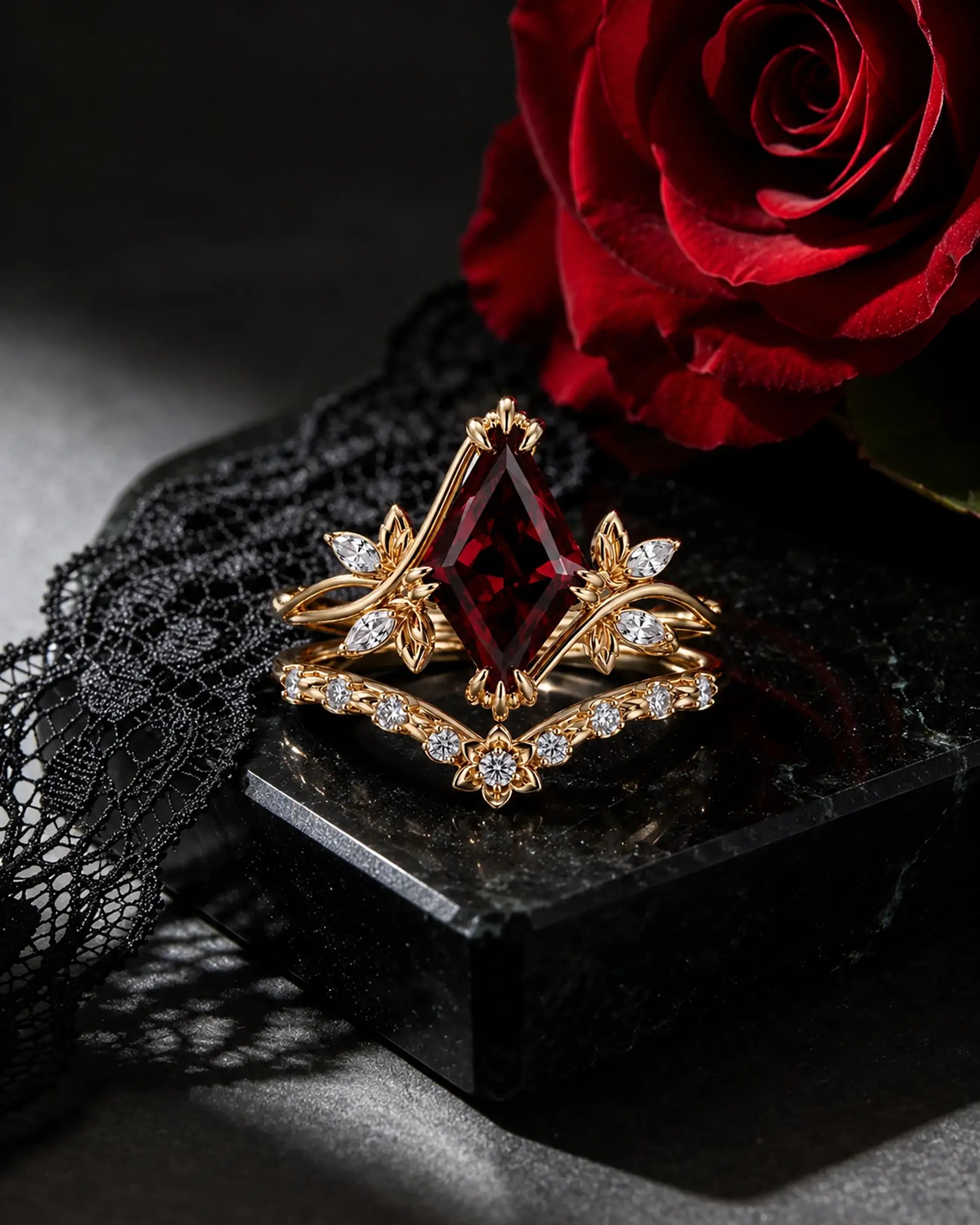 Nature inspired garnet bridal ring set styled with elegant jewelry photography