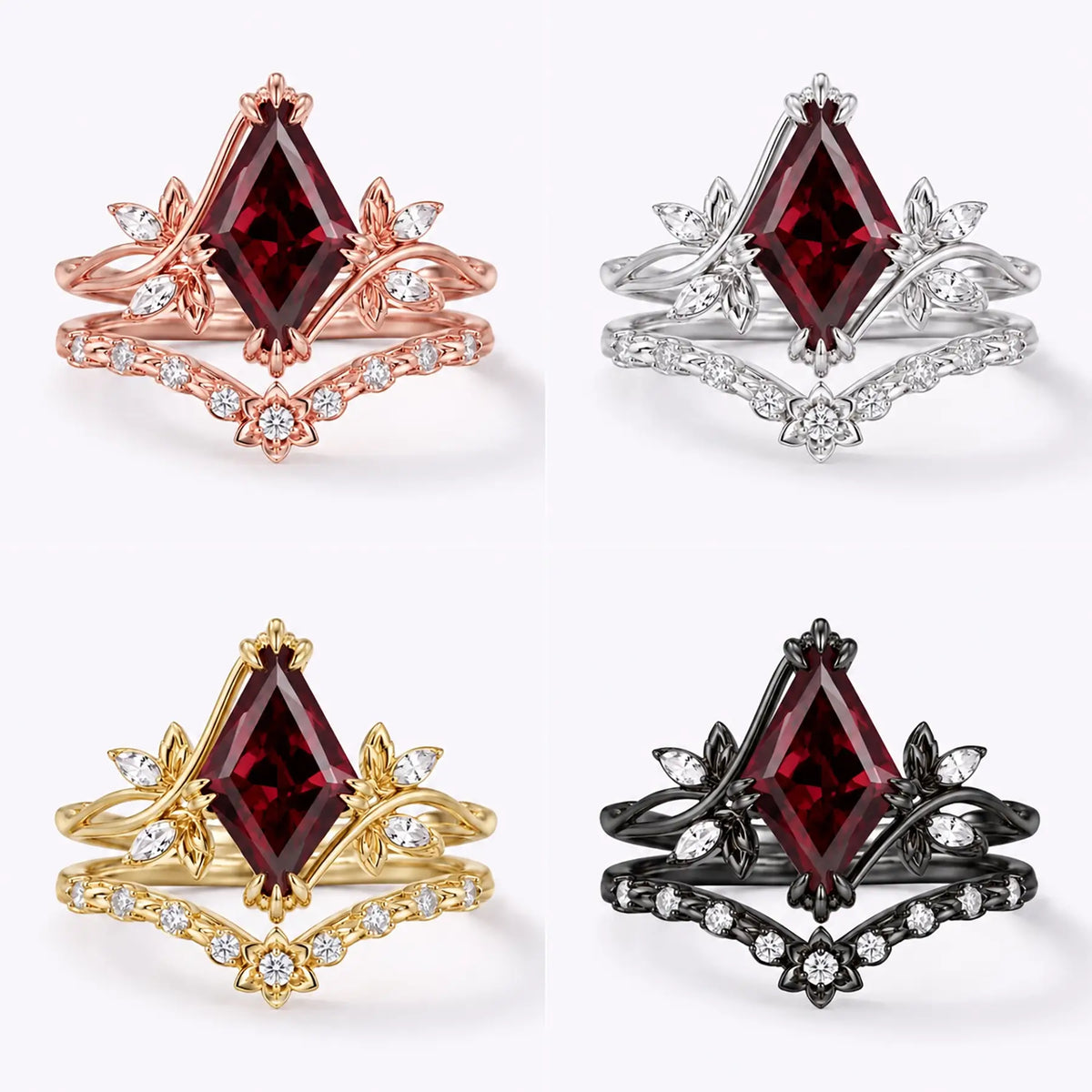 Garnet bridal ring set available in yellow gold rose gold white gold and black gold