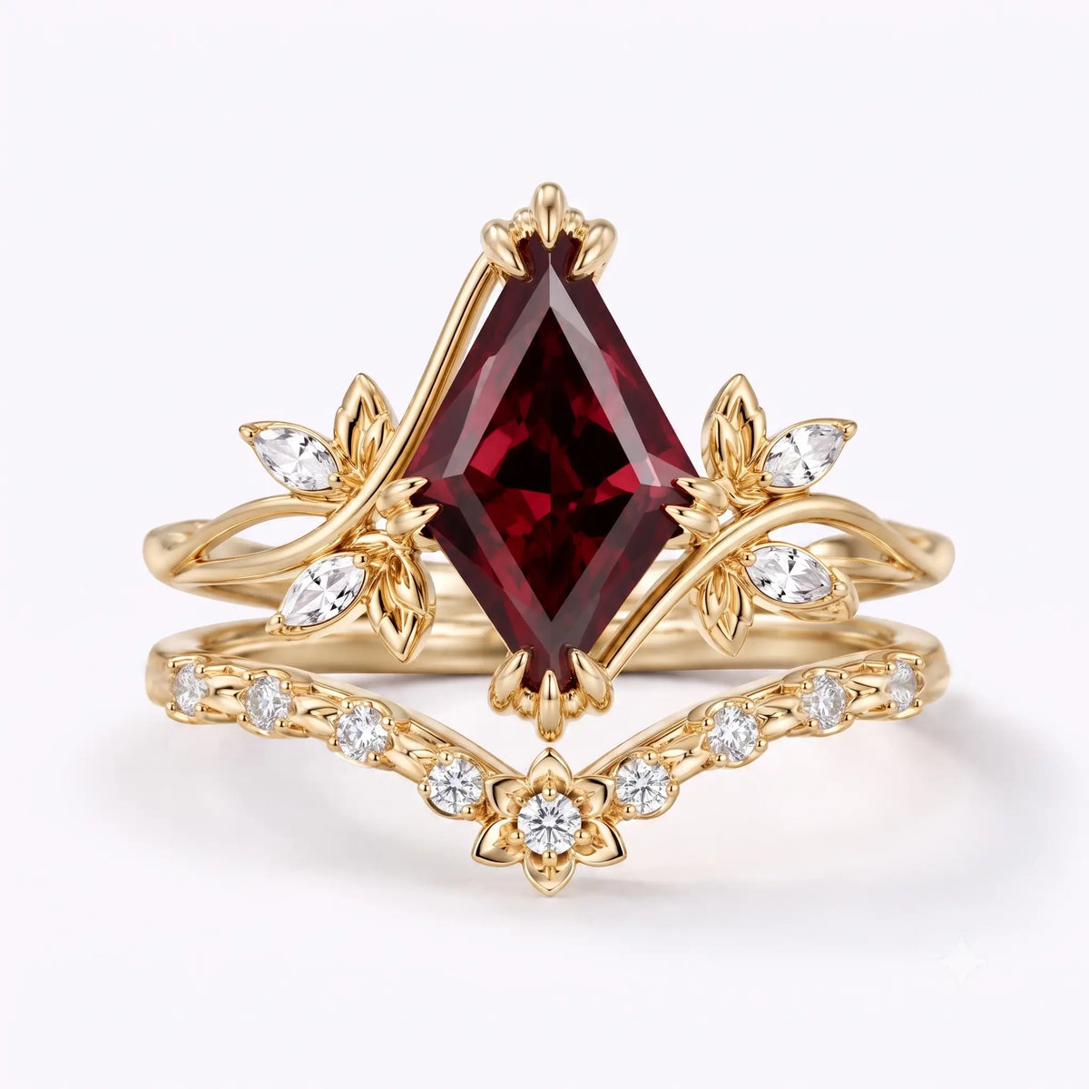 Kite cut natural garnet floral bridal ring set with marquise moissanite accents in gold