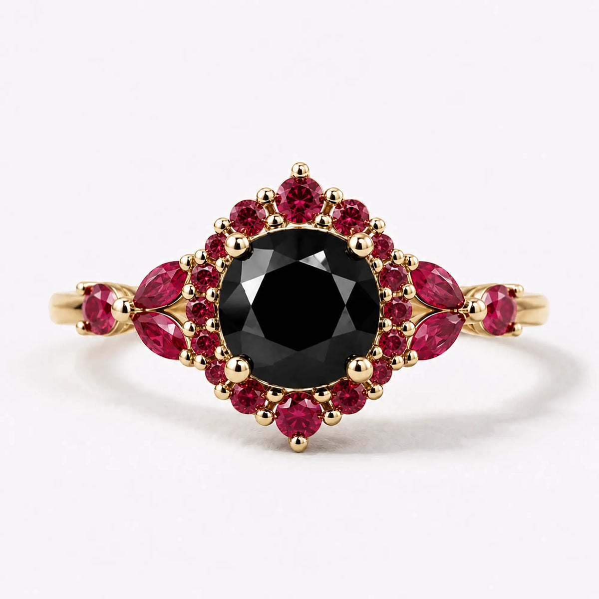 Round black moissanite halo engagement ring with ruby floral accents in yellow gold