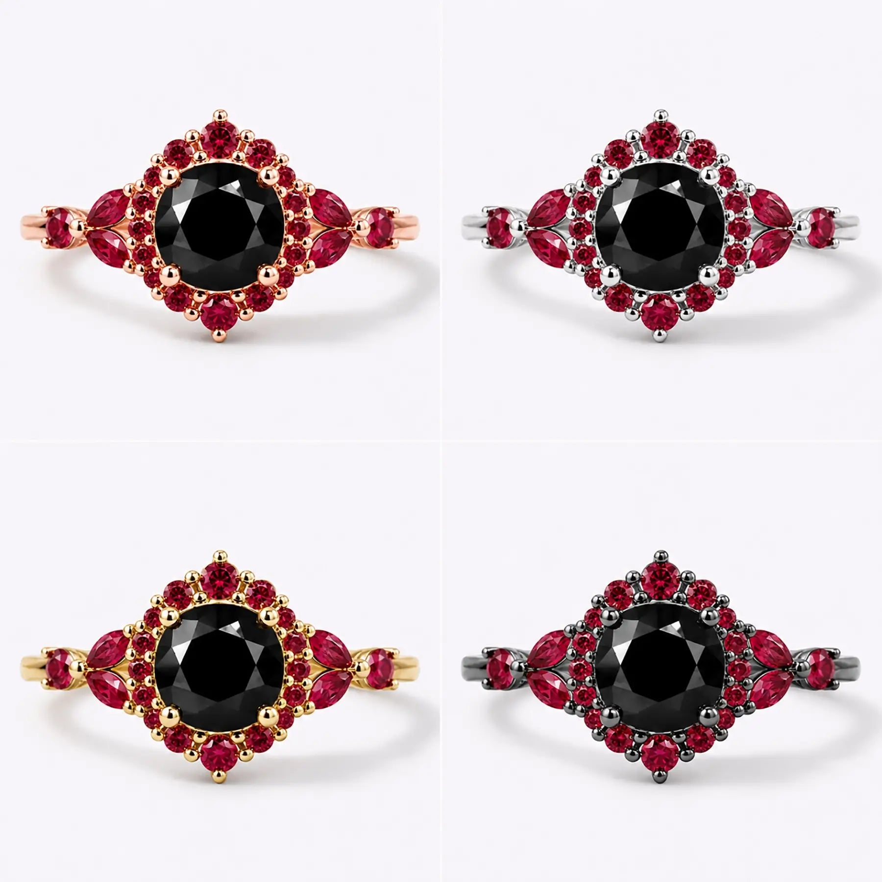 Round black moissanite halo engagement ring with ruby floral accents in yellow gold black white gold