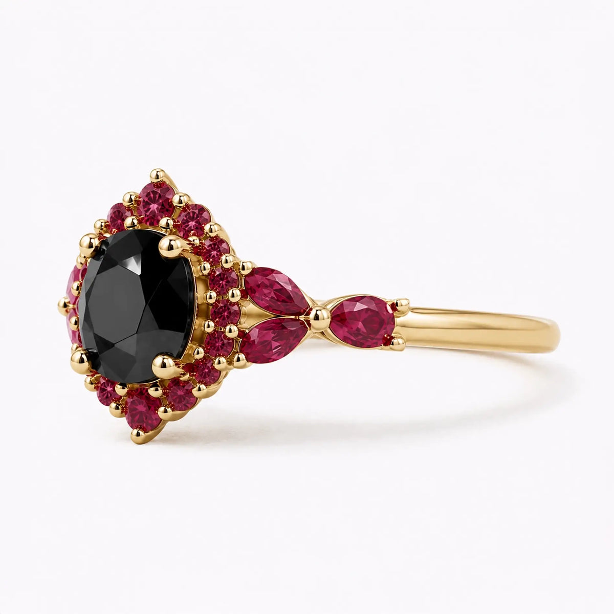 Left view of black moissanite ring with ruby halo and marquise side accents