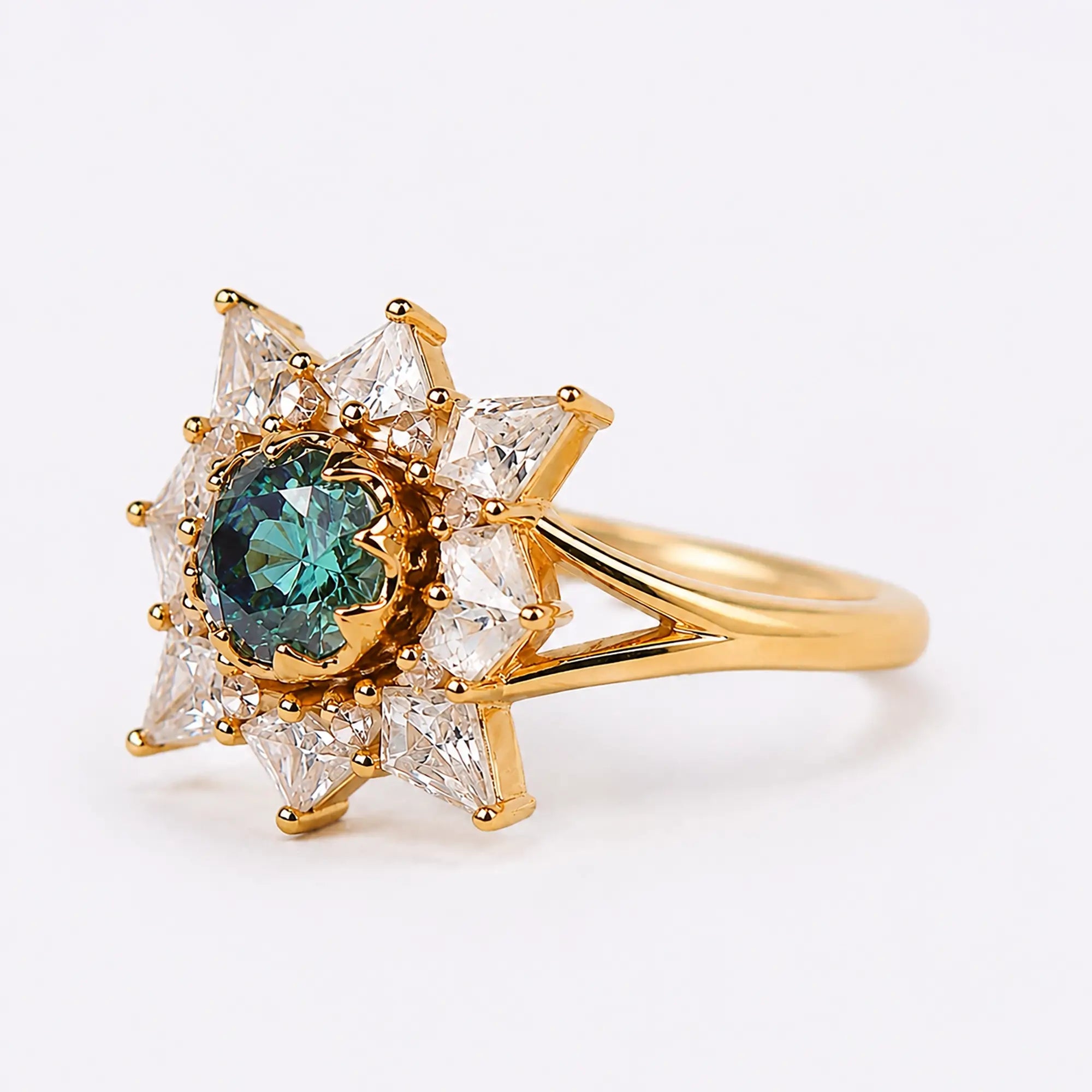Solis Round Alexandrite Burst Halo Engagement Ring Bezel Set Rings