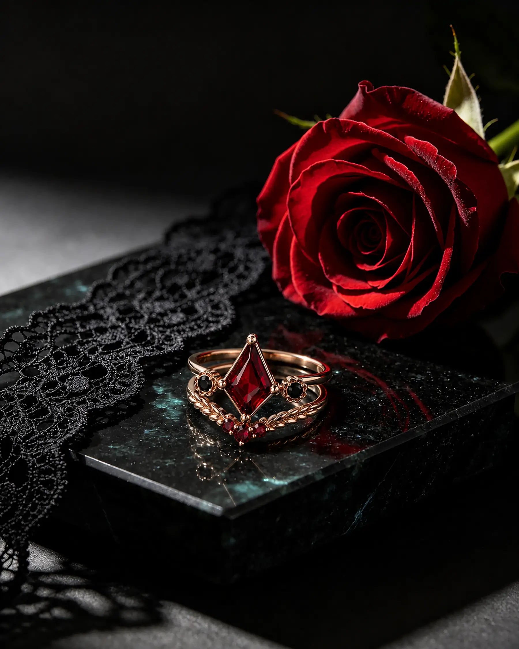 Kite cut ruby bridal ring set worn on hand with matching leaf-style wedding band