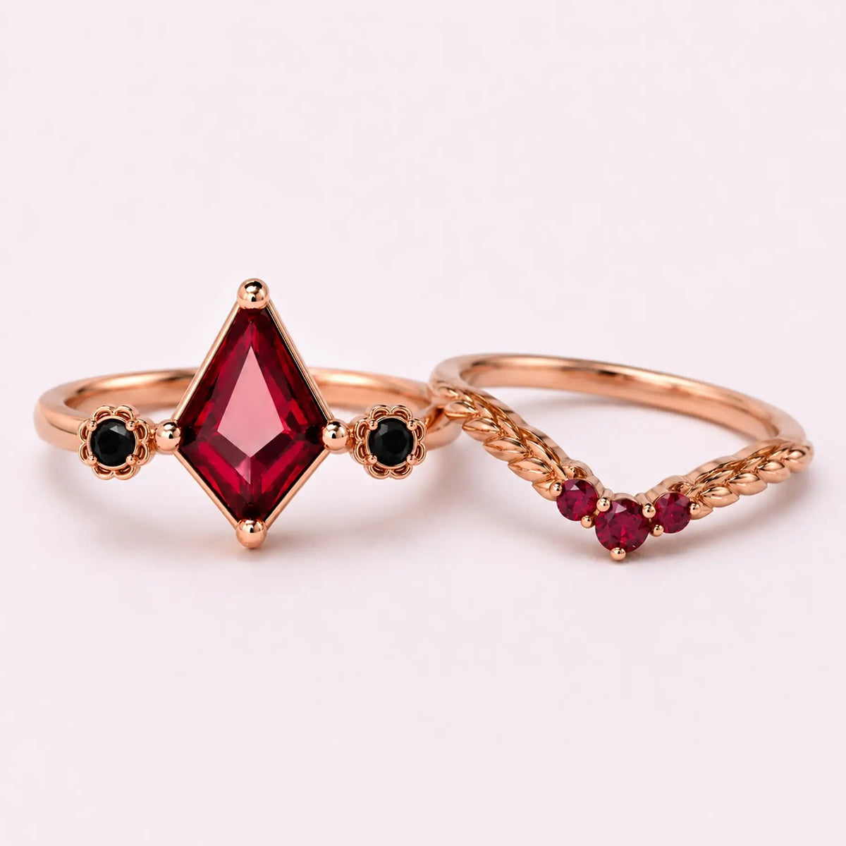 Kite ruby engagement ring and matching curved band displayed separately in one frame