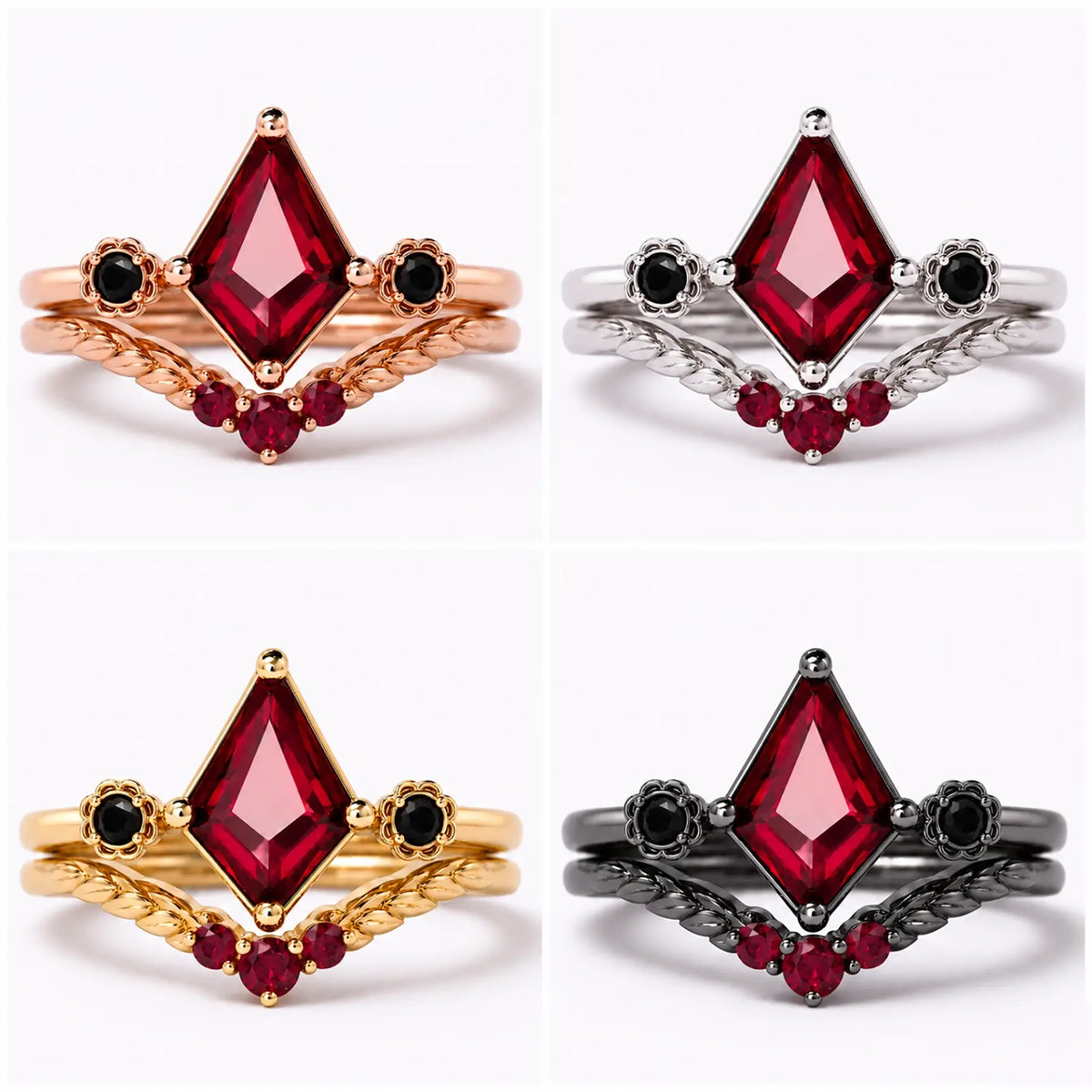 Ruby bridal ring set shown in black gold, white gold, rose gold, and yellow gold