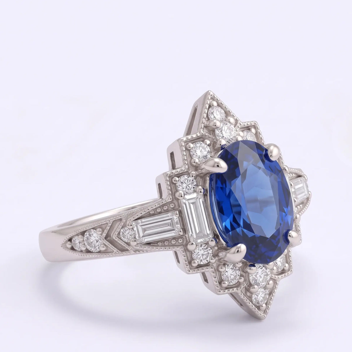 Front view of oval sapphire Art Deco halo engagement ring with geometric cluster design