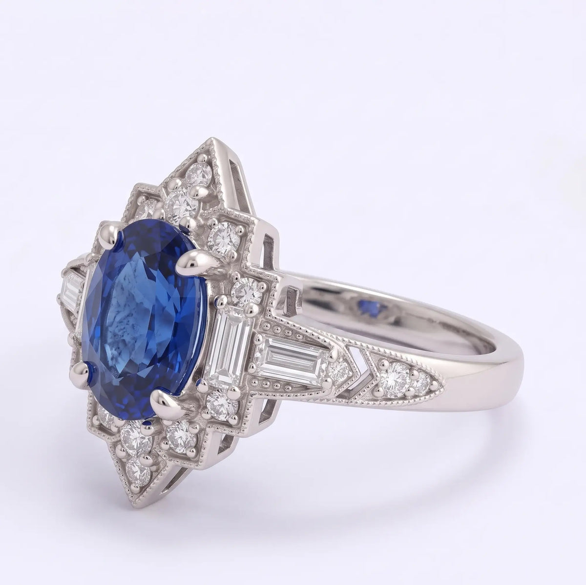Three quarter view of vintage oval sapphire cluster ring in Art Deco style
