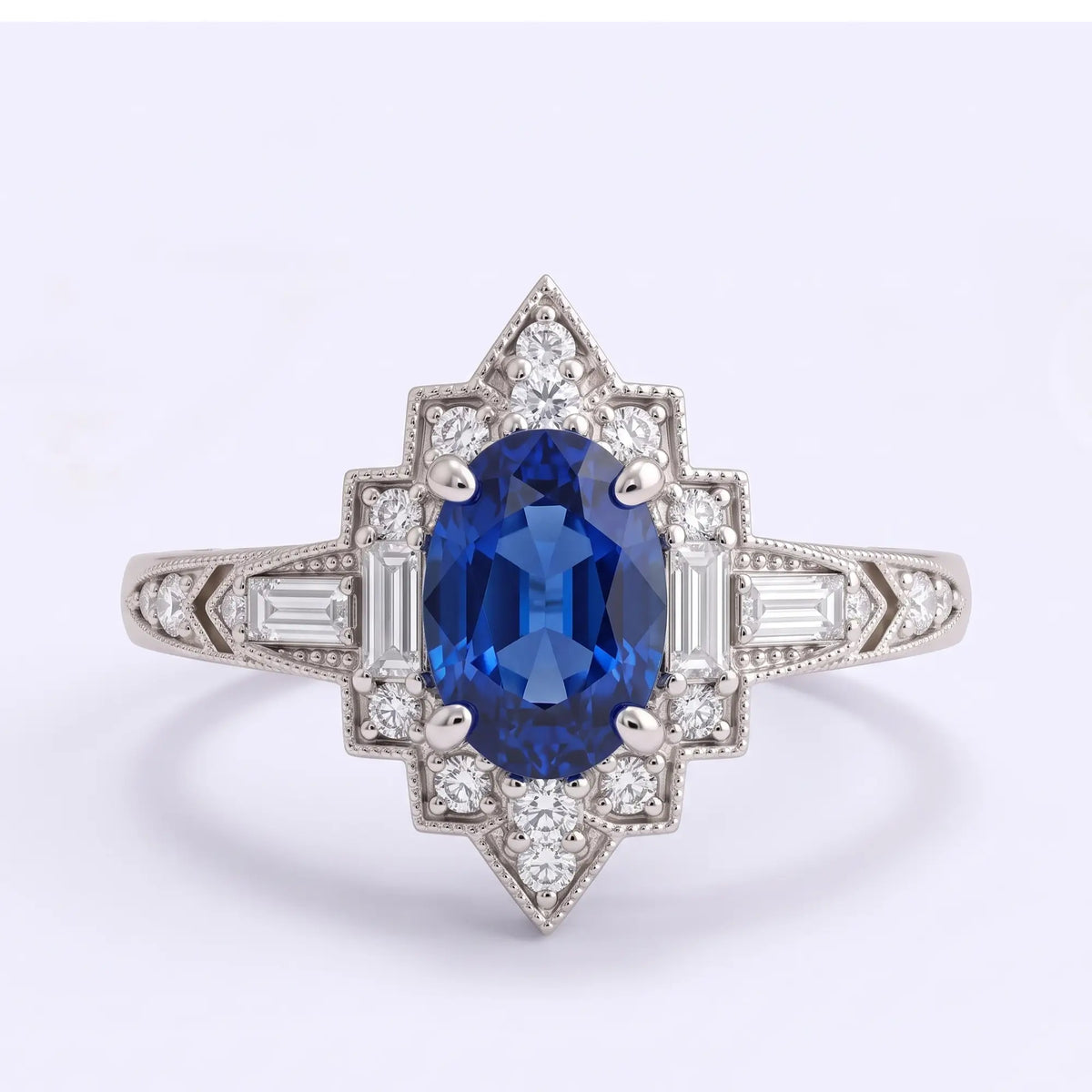 Vintage oval lab sapphire Art Deco halo engagement ring with round and baguette moissanite accents in white gold