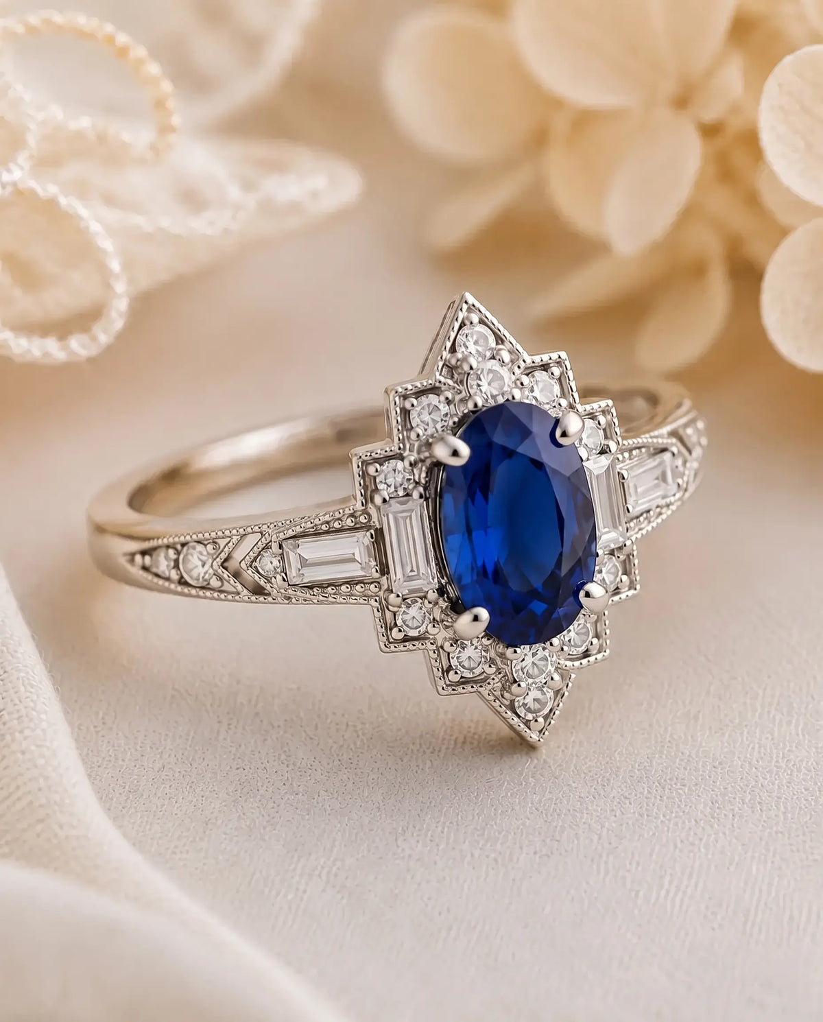 Detail of baguette moissanite side accents on Art Deco sapphire ring