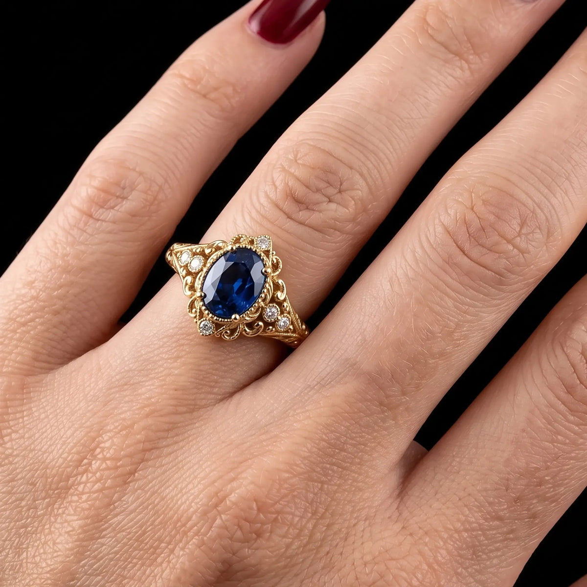 Vintage sapphire engagement ring worn on hand with Victorian ornament