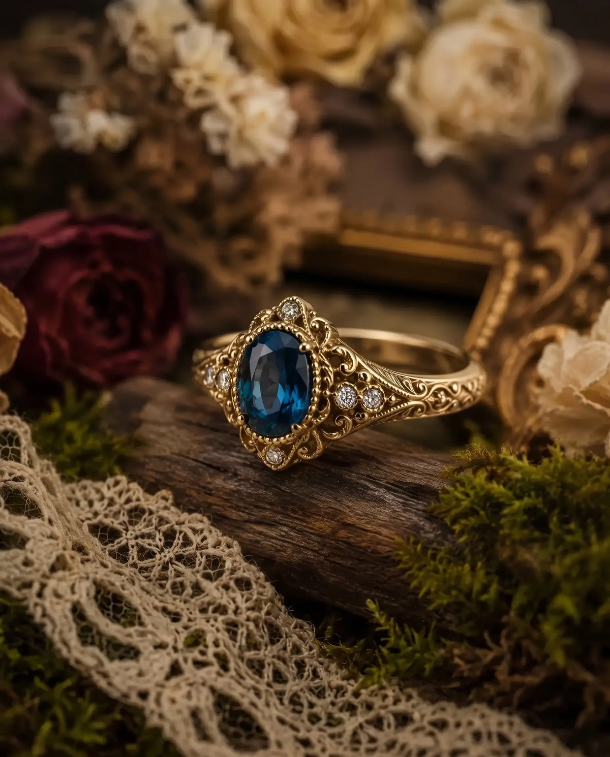 Deep blue oval lab sapphire center stone with brilliant-style faceting