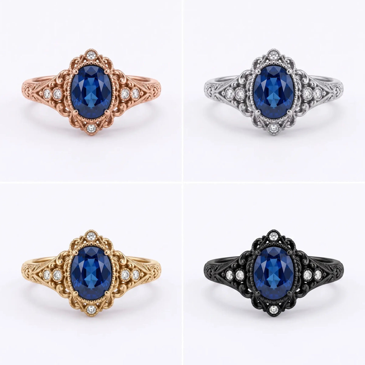 Oval lab sapphire ring shown in black, white, rose, and yellow gold