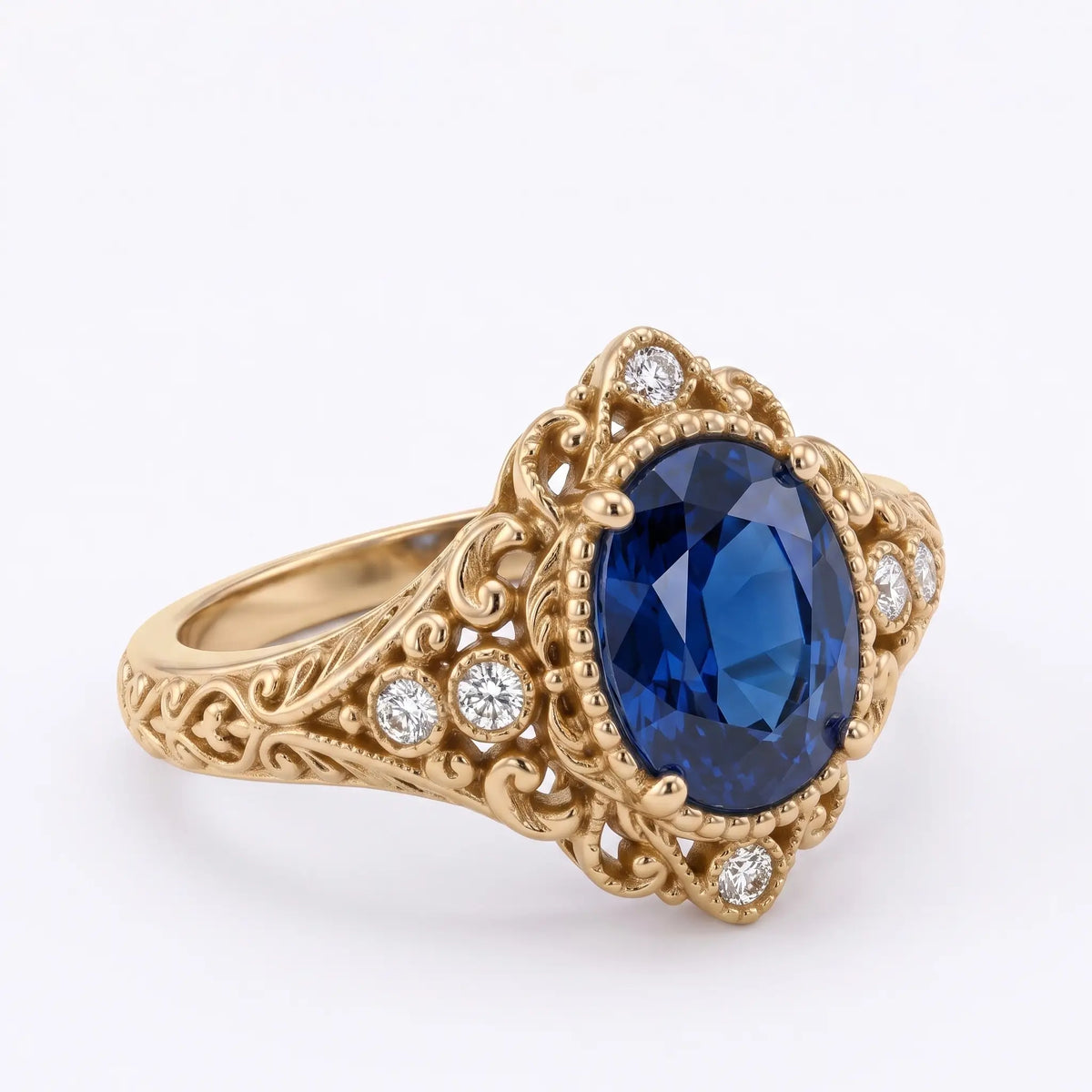 Victorian sapphire engagement ring with floral scrollwork and moissanite accents