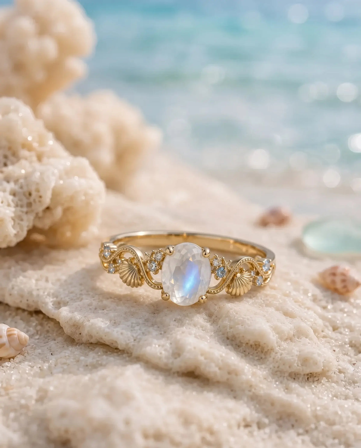Detailed seashell motif on vintage ocean inspired gemstone ring