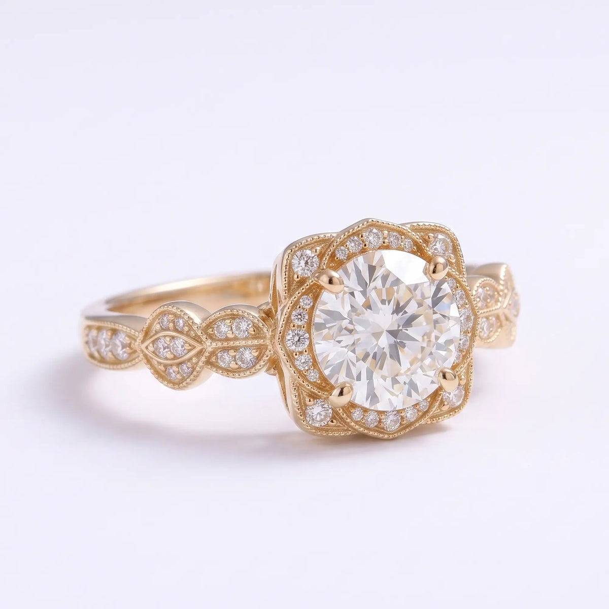Vintage Round Moissanite Halo Engagement Ring Edwardian Floral Milgrain Ring – Seravienne