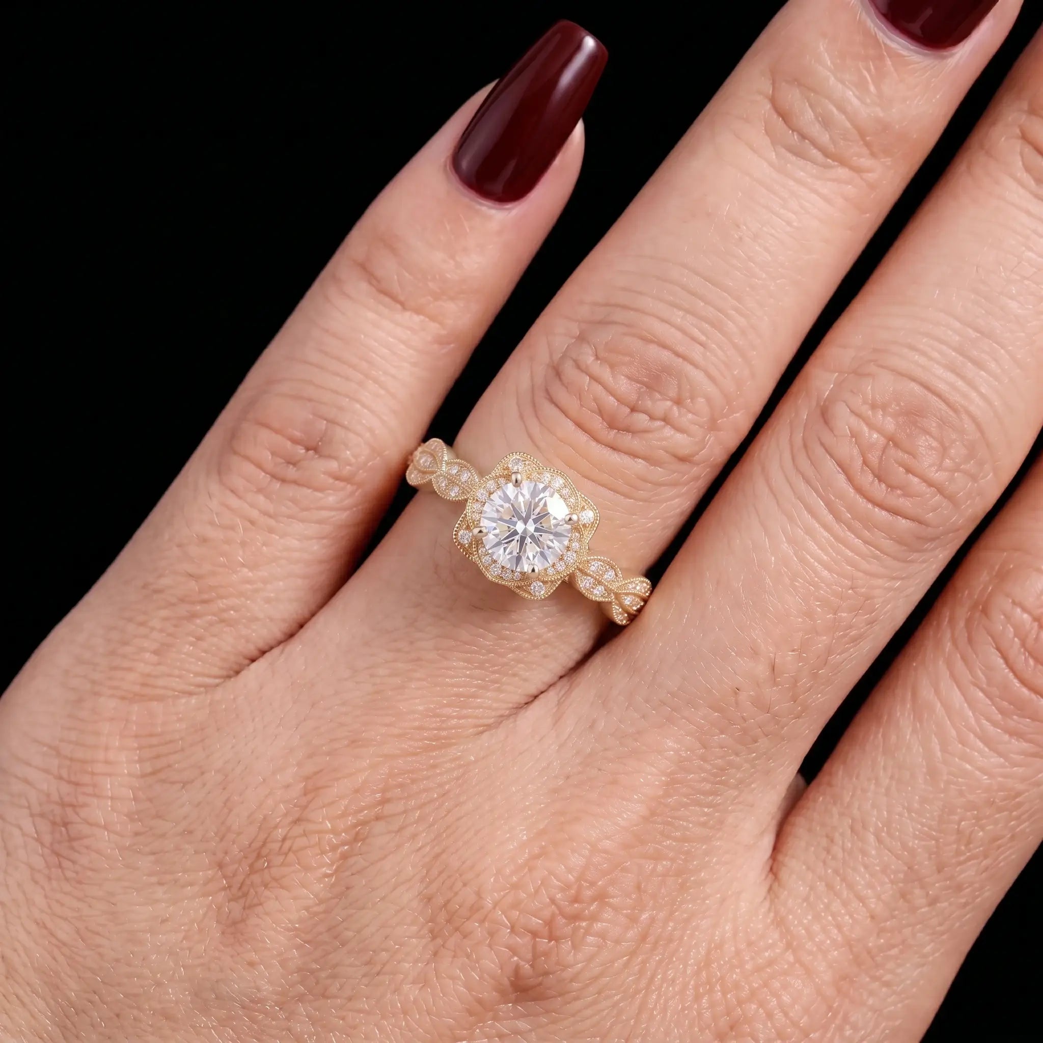 Vintage Round Moissanite Halo Engagement Ring Edwardian Floral Milgrain Ring – Seravienne