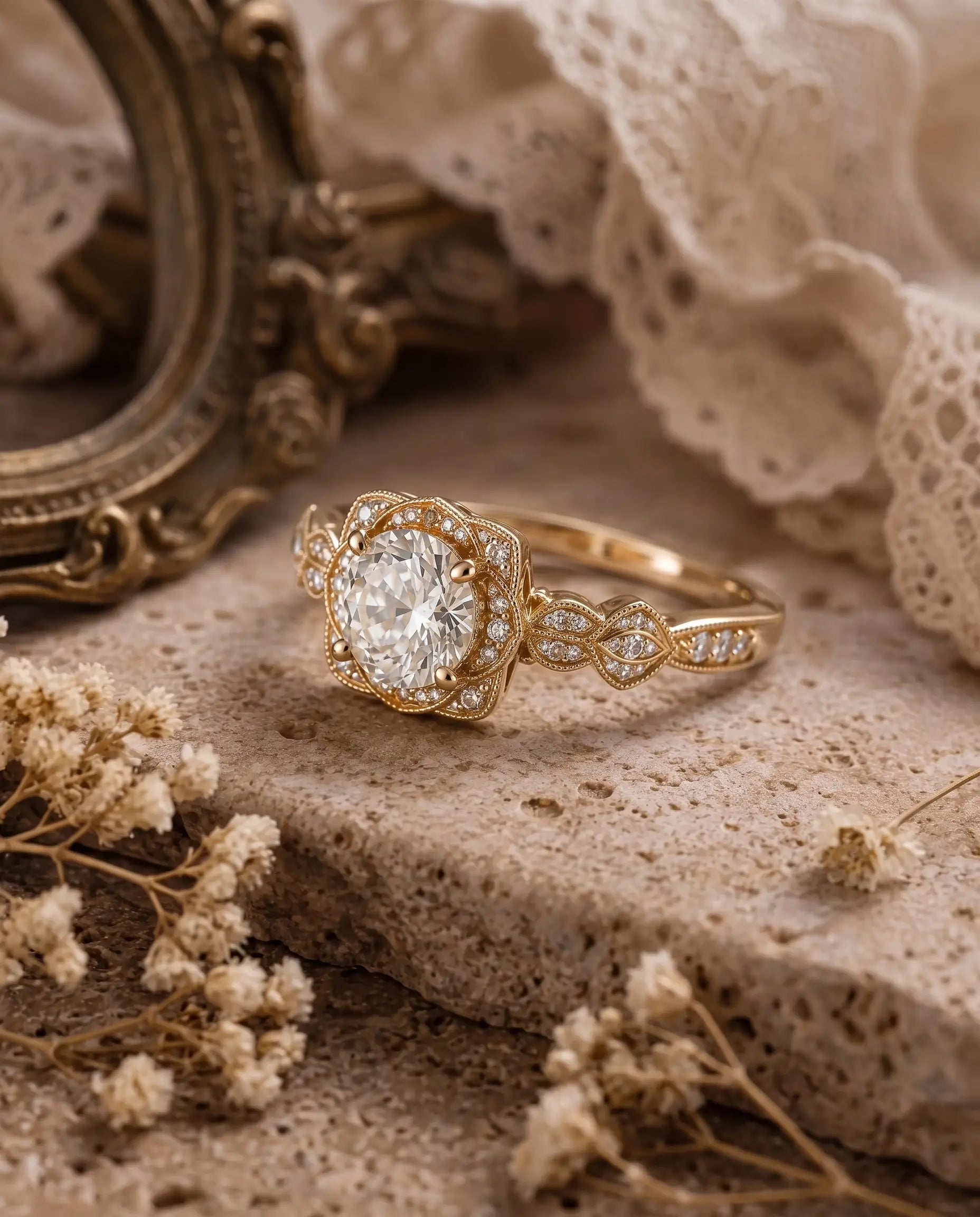 Vintage Round Moissanite Halo Engagement Ring Edwardian Floral Milgrain Ring – Seravienne