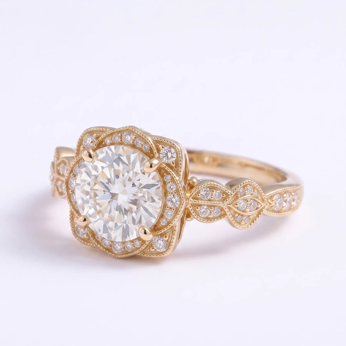Vintage Round Moissanite Halo Engagement Ring Edwardian Floral Milgrain Ring – Seravienne