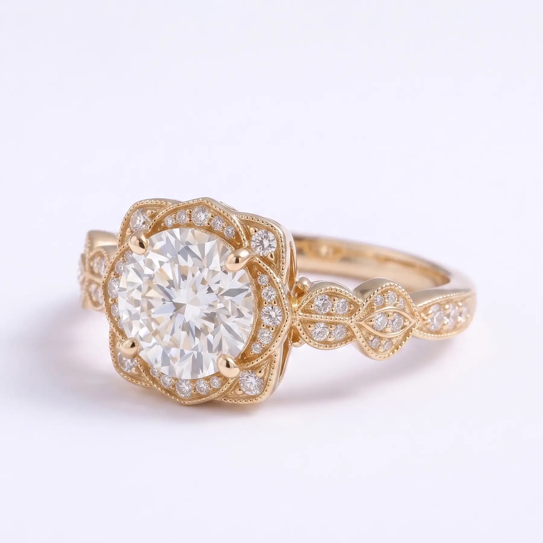 Vintage Round Moissanite Halo Engagement Ring Edwardian Floral Milgrain Ring – Seravienne