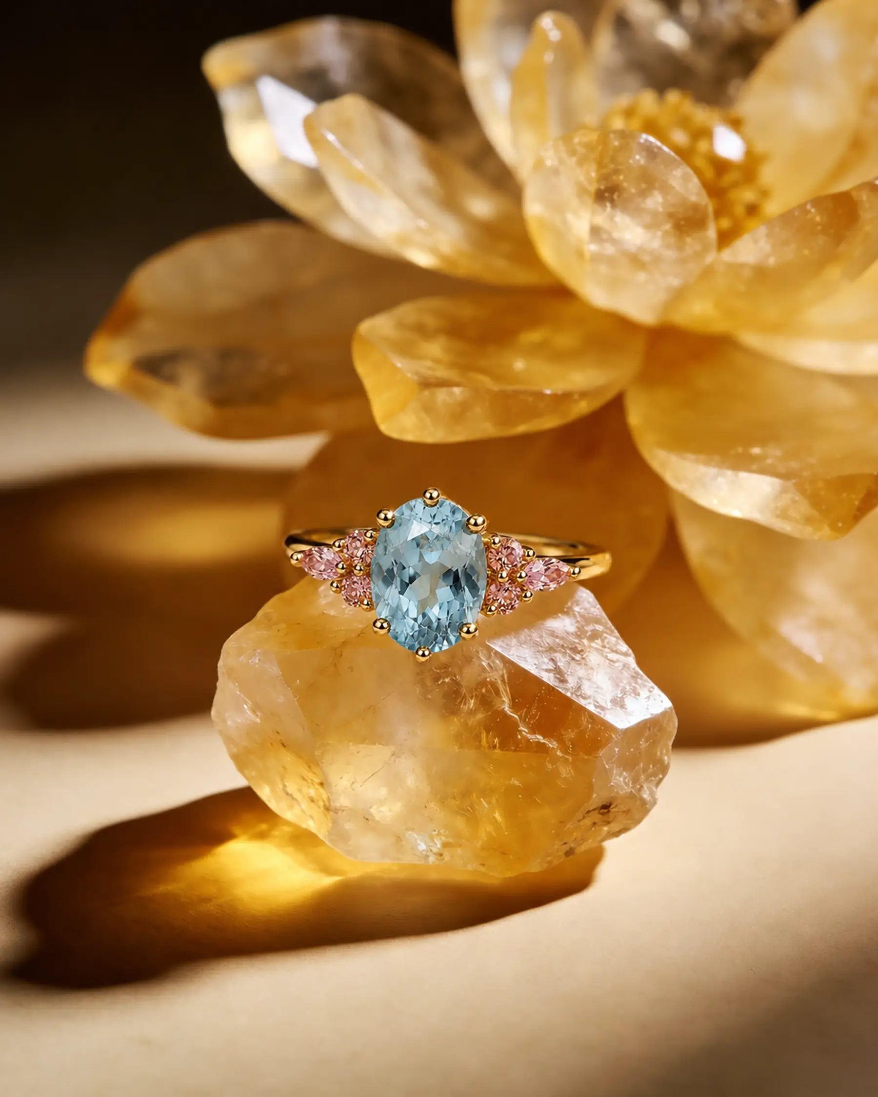 Elegant aquamarine and pink quartz ring styled in a refined jewelry scene