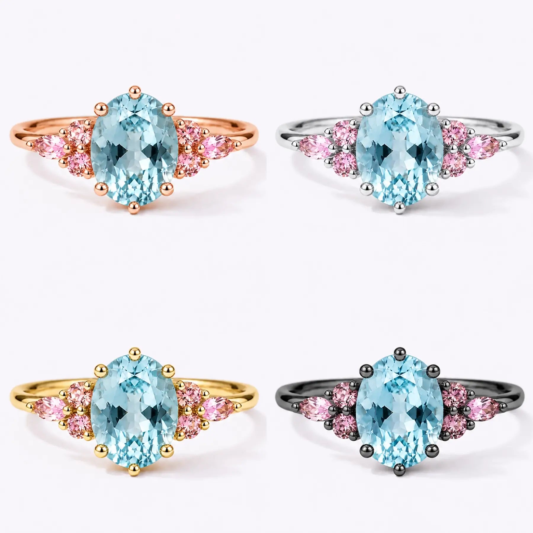 Classic oval aquamarine engagement ring with pink quartz cluster accents in yellow gold