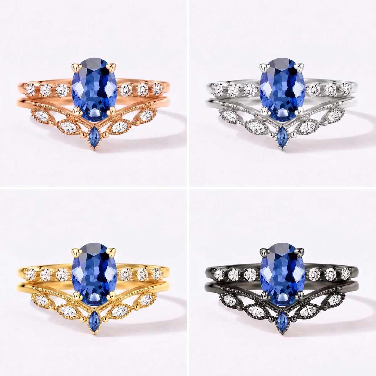 Vintage oval sapphire bridal ring set shown in black gold, white gold, rose gold, and yellow gold