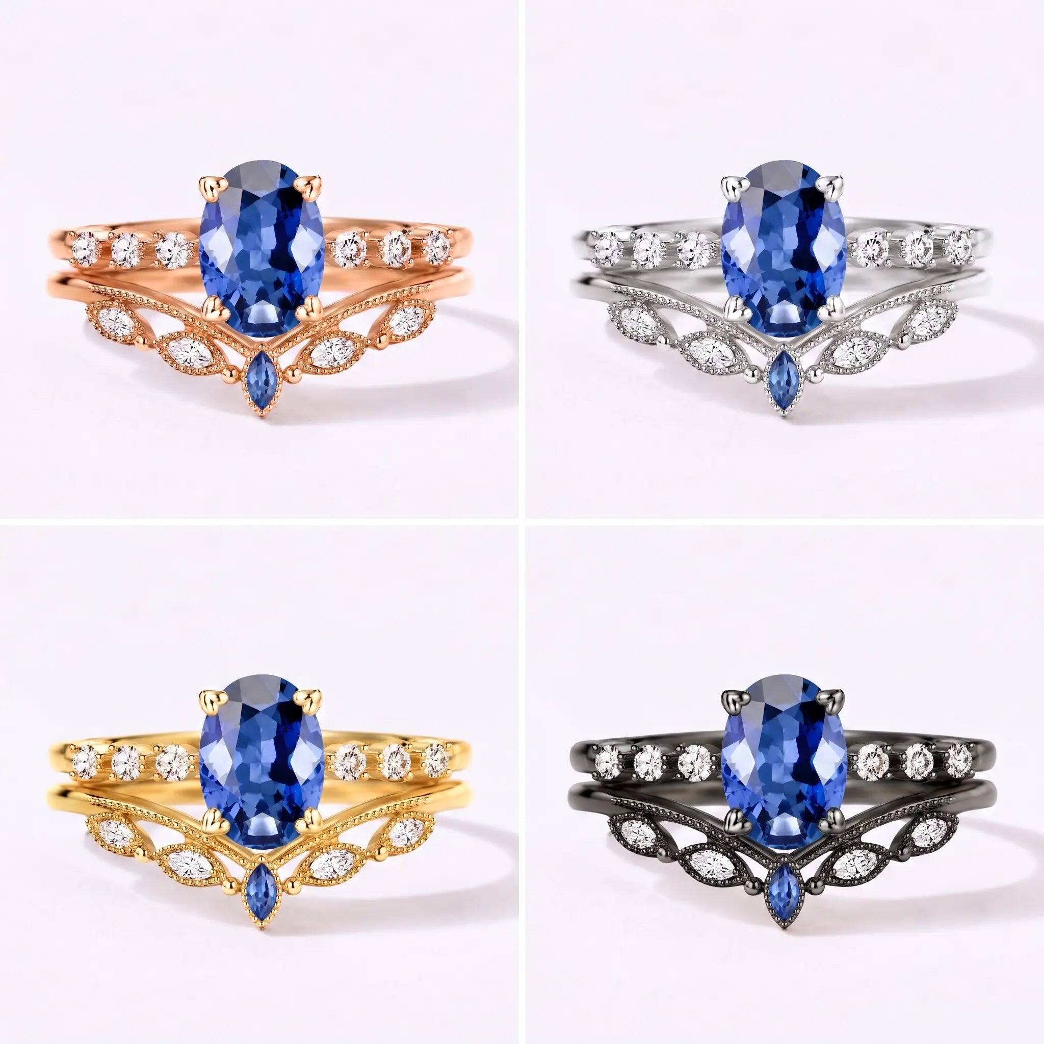 Vintage oval sapphire bridal ring set shown in black gold, white gold, rose gold, and yellow gold