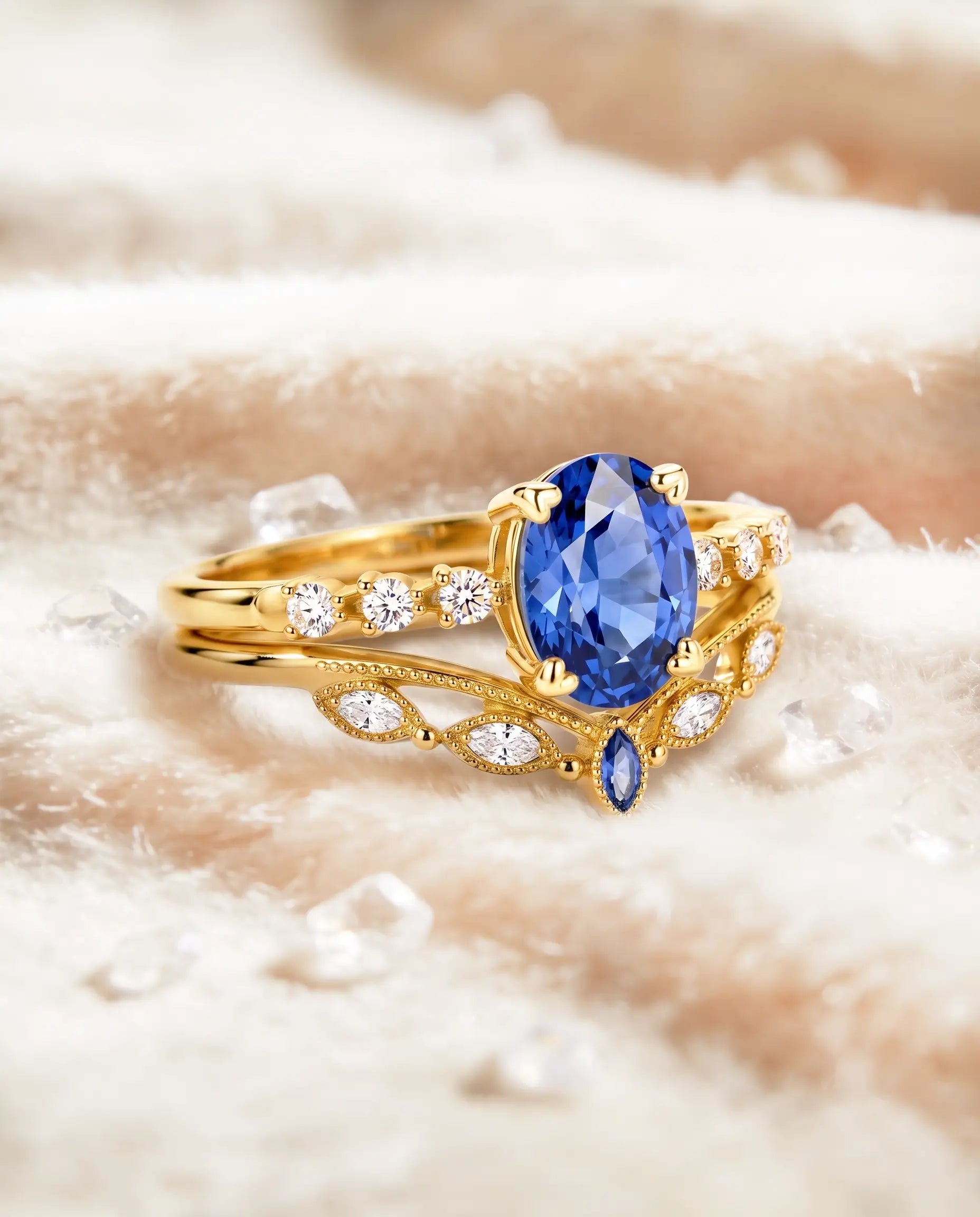 Vintage sapphire bridal ring set styled in an elegant jewelry scene