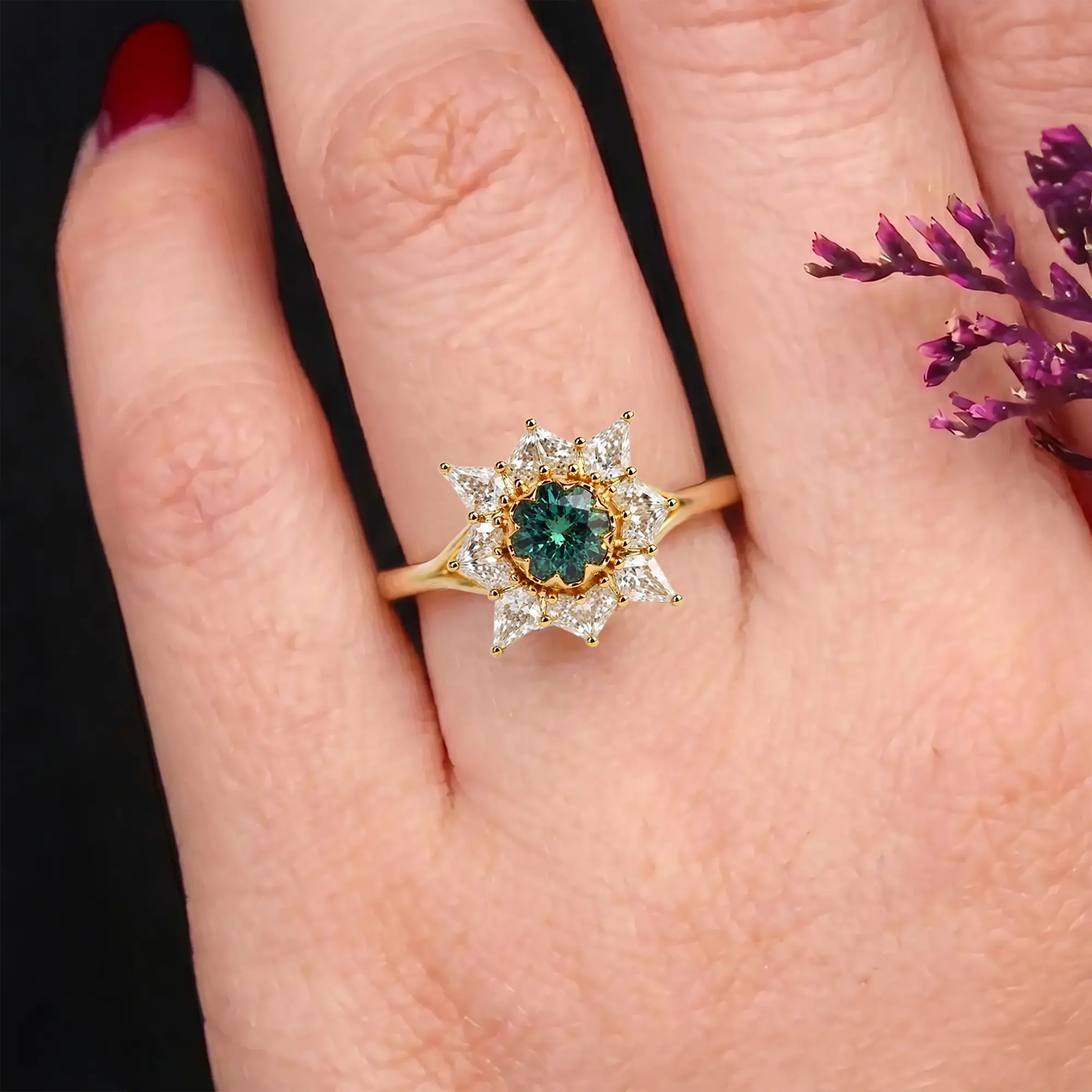 Solis Round Alexandrite Burst Halo Engagement Ring Bezel Set Rings