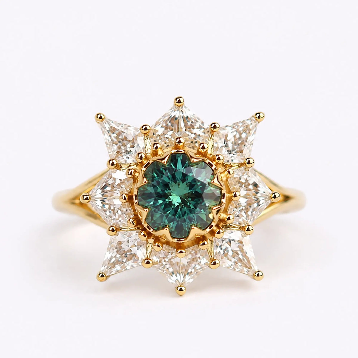 Solis Round Alexandrite Burst Halo Engagement Ring Bezel Set Rings