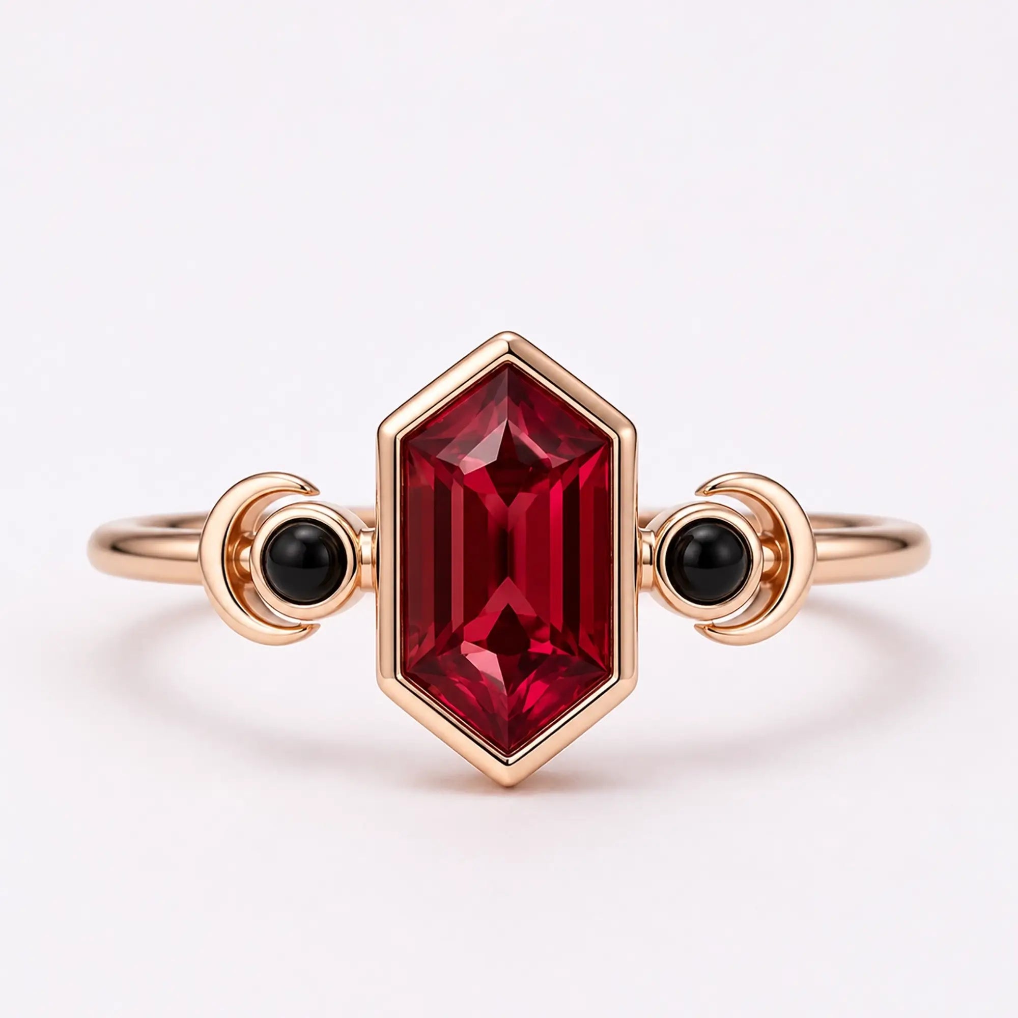 Elongated hexagon ruby engagement ring with black onyx crescent moon accents in rose gold