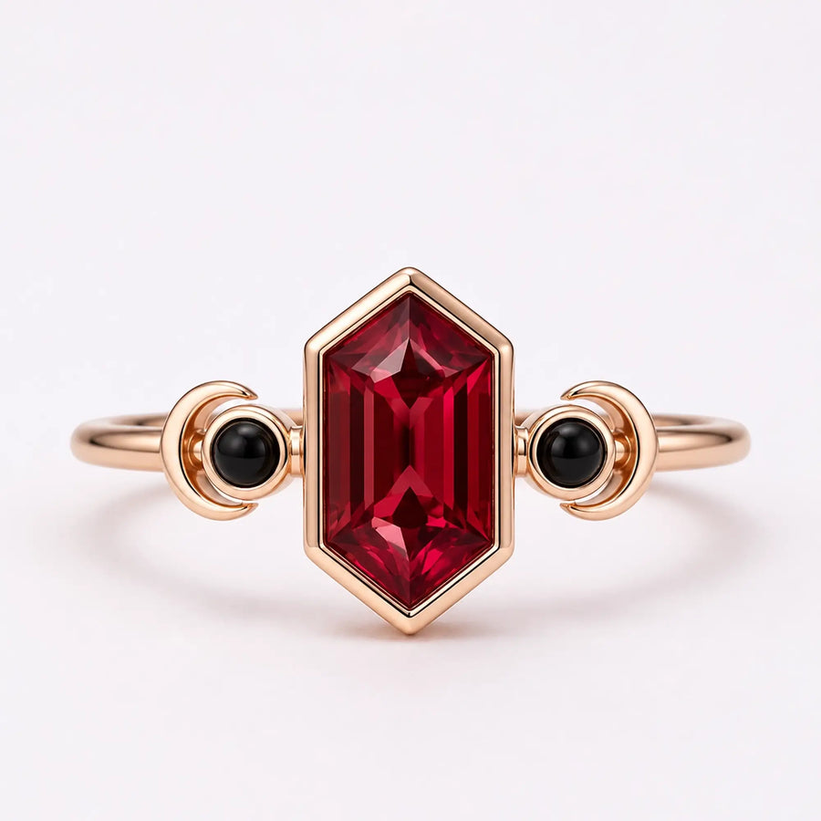 Elongated hexagon ruby engagement ring with black onyx crescent moon accents in rose gold