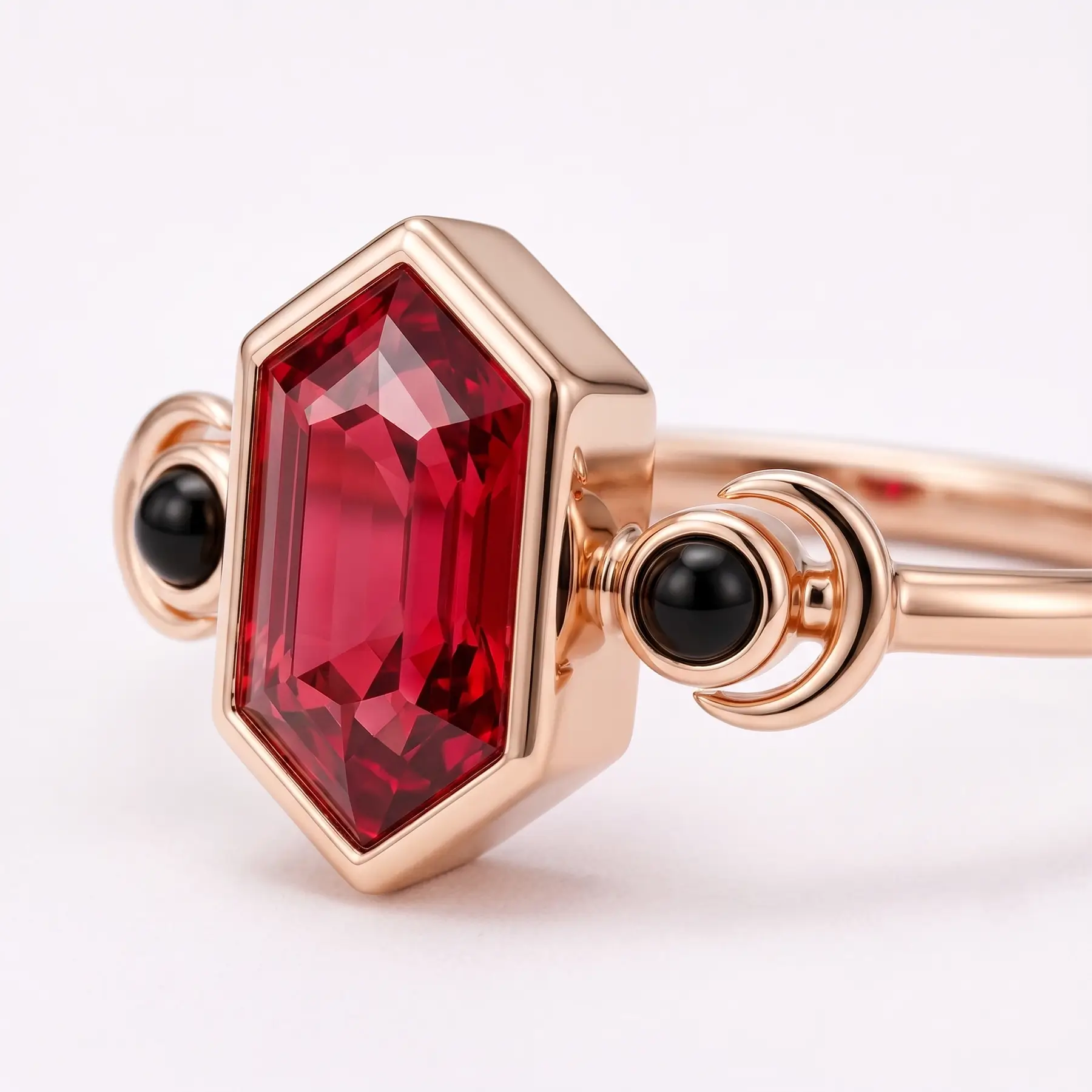 Close-up of elongated hexagon lab ruby center stone with black onyx accents
