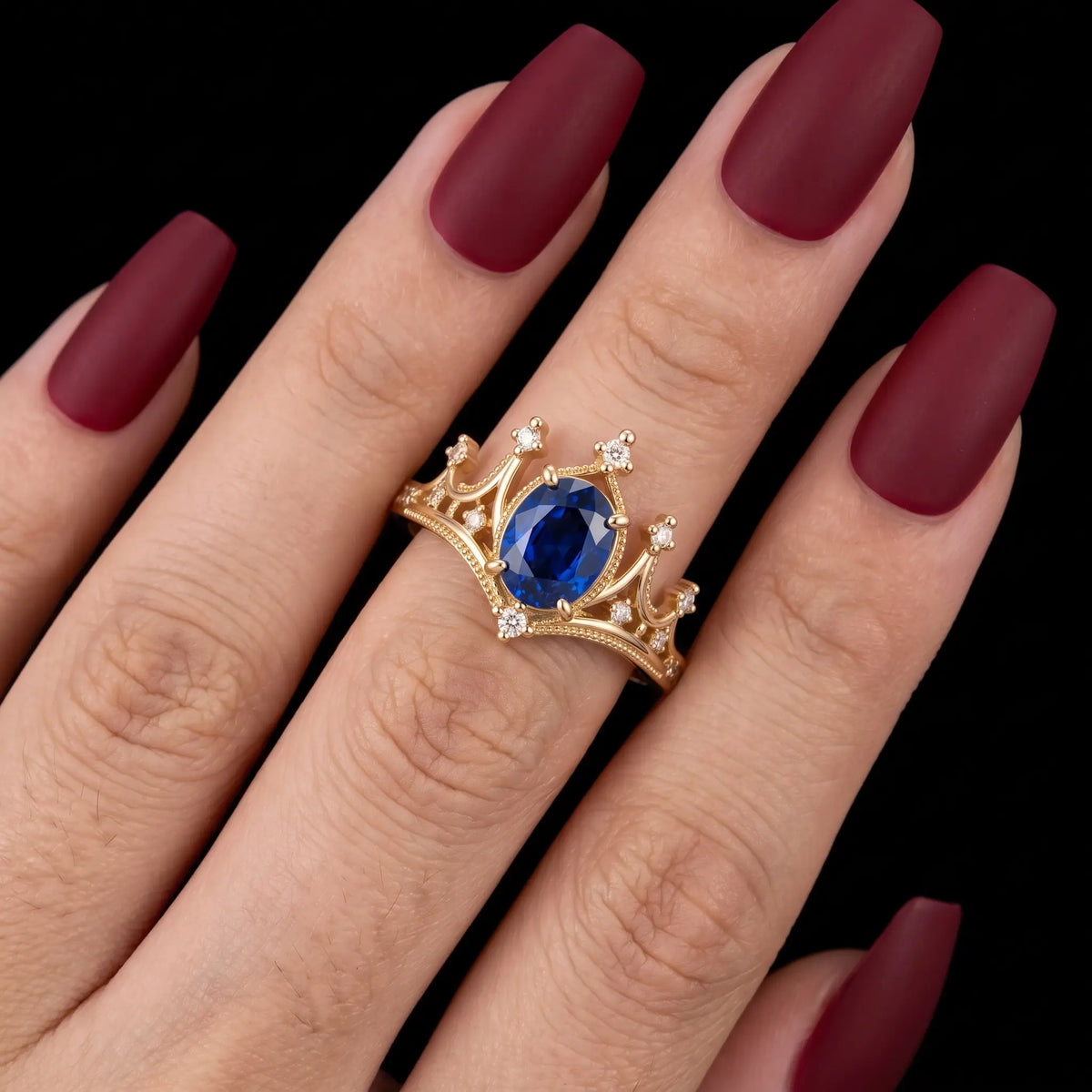 Royal and regal gold engagement ring with oval blue sapphire for women anniversary gift