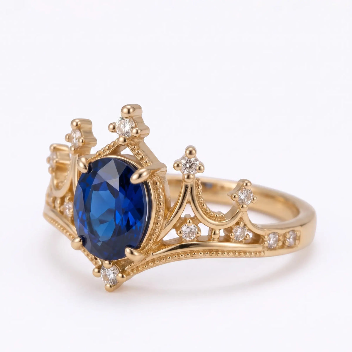 Front view of royal inspired oval sapphire ring with moissanite accents