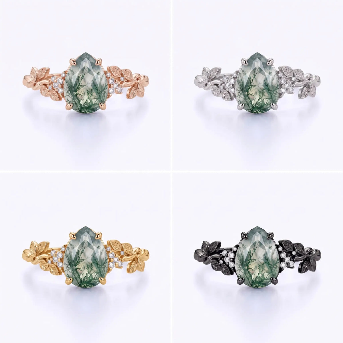 Botanical pear moss agate gold ring with sparkling white accents