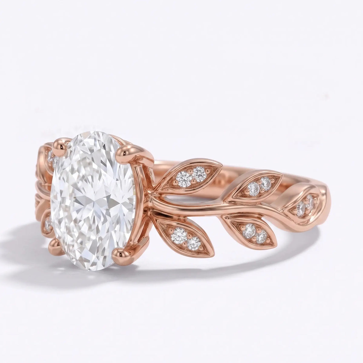 Nature inspired oval moissanite ring with leaf details