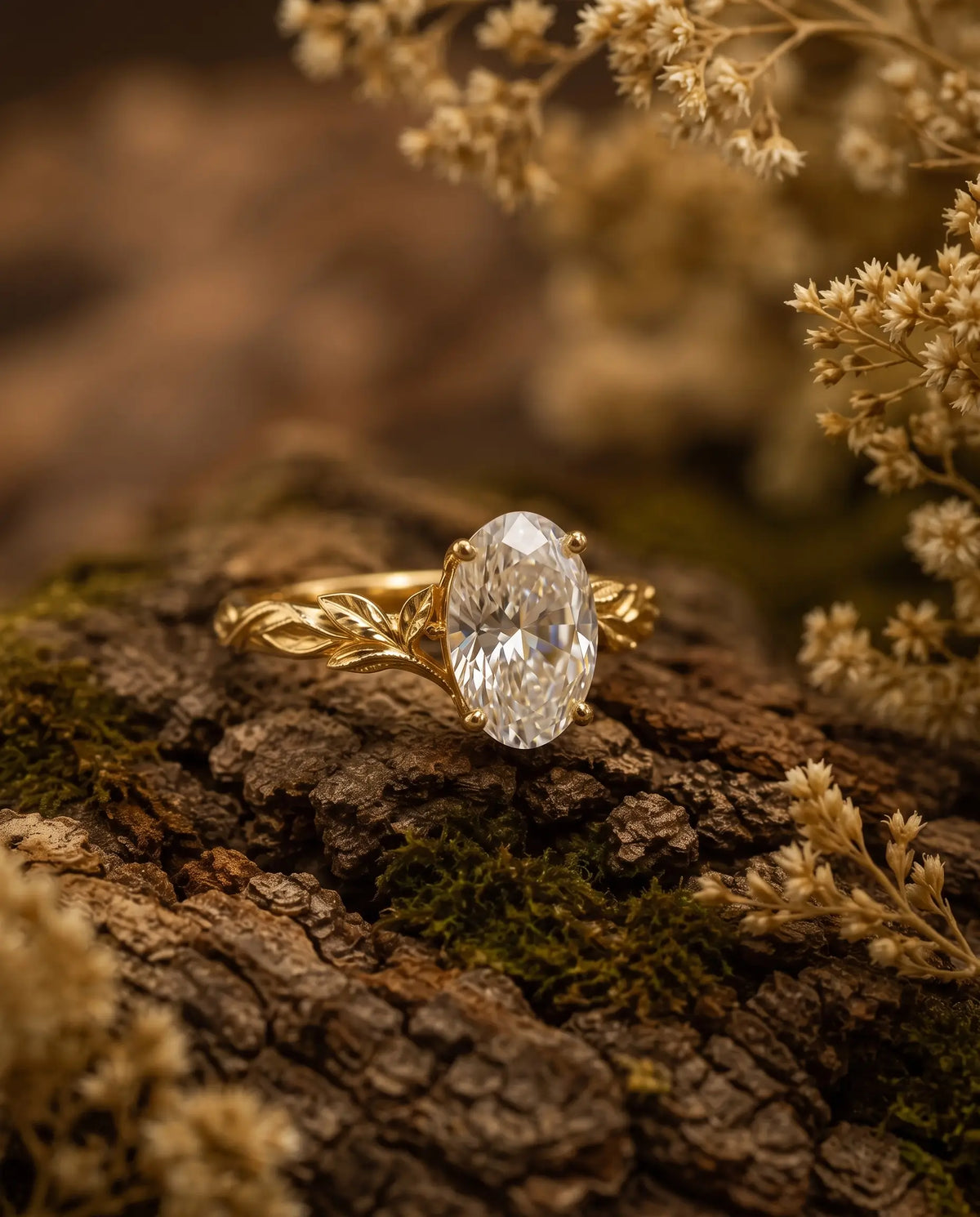 Close-up of oval moissanite solitaire leaf ring for women