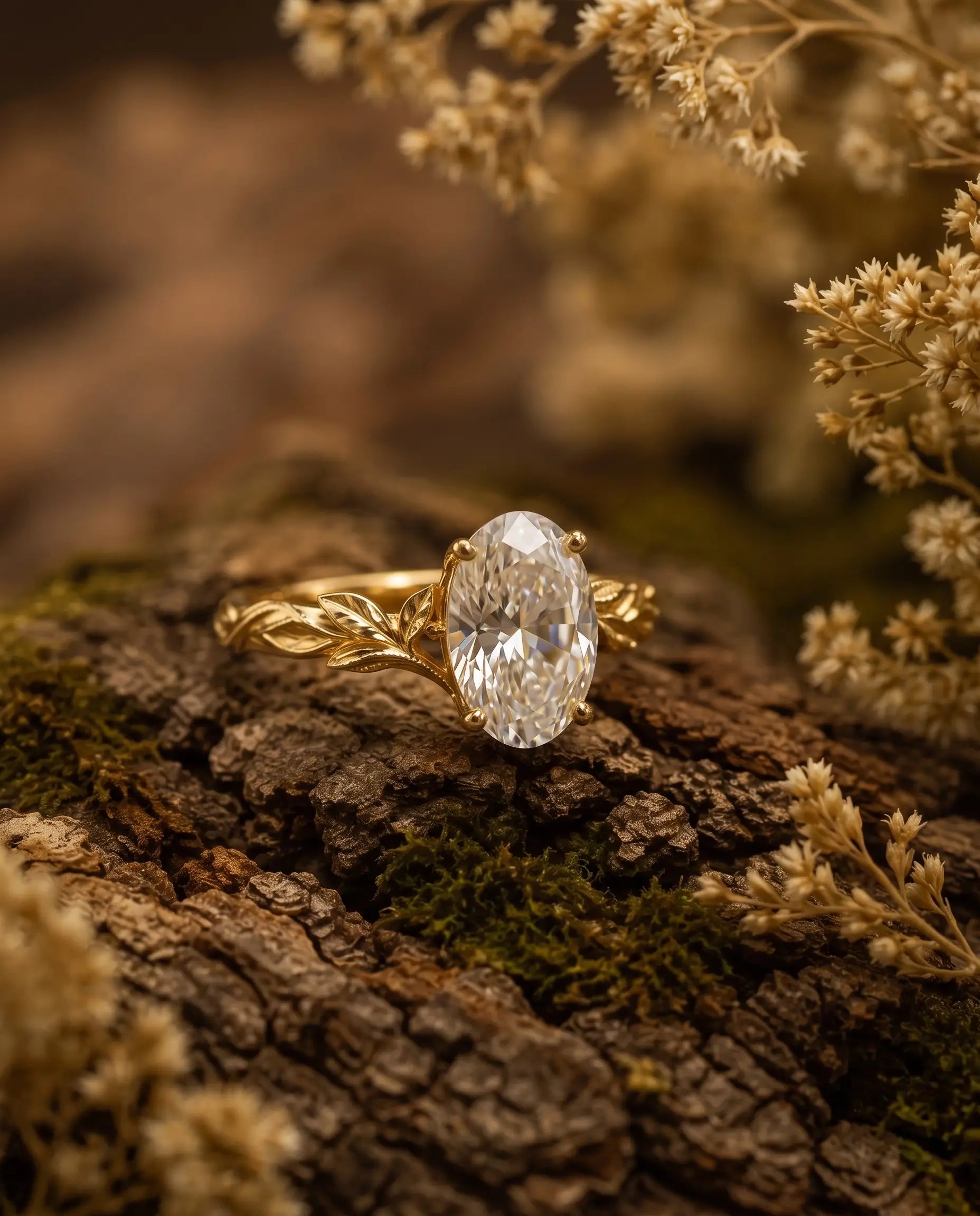 Close-up of oval moissanite solitaire leaf ring for women