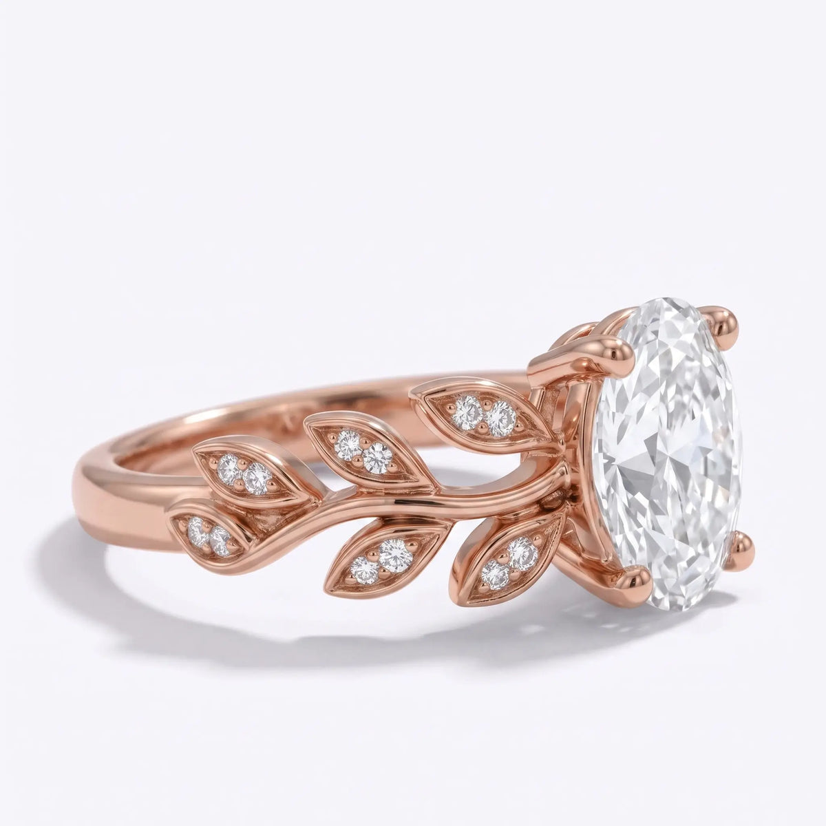 Botanical engagement ring with oval moissanite and round accents