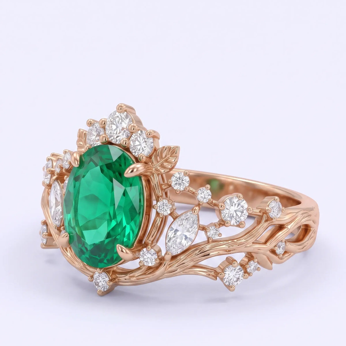 Nature inspired emerald leaf cluster ring in rose gold