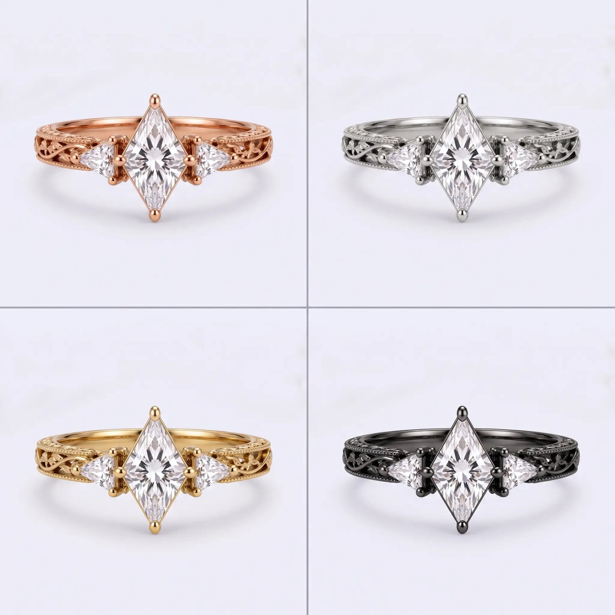 Nature inspired kite moissanite engagement ring shown in multiple solid gold options