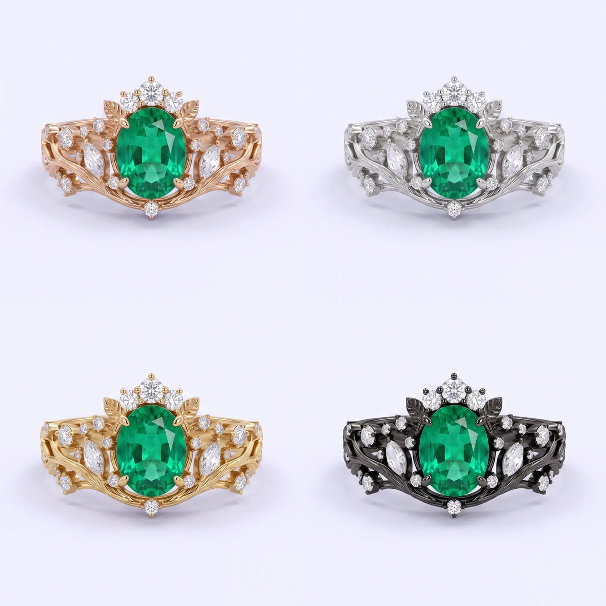 Woodland emerald engagement ring in black gold, white gold, rose gold, and yellow gold